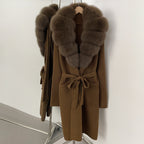 OFTBUY Women's Luxury Brown Knit Cardigan with Real Fox Fur Collar Belted Sweater Coat Female New Fashion Warm Winter Outerwear