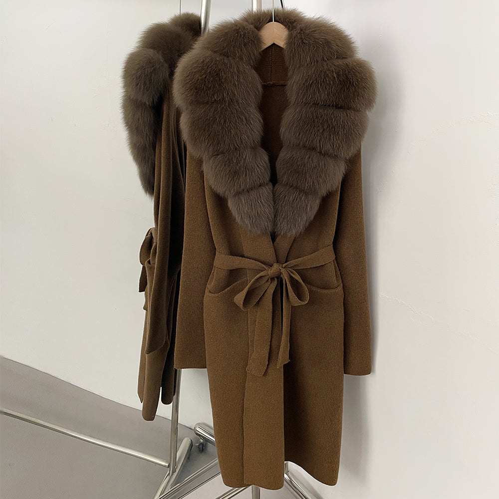 OFTBUY Women's Luxury Brown Knit Cardigan with Real Fox Fur Collar Belted Sweater Coat Female New Fashion Warm Winter Outerwear