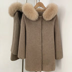 OFTBUY New Women's Wool Coat with Large Real Fox Fur Hooded Trim Long Sleeve Warm Winter Elegant Fashion Outerwear Woolen Cape