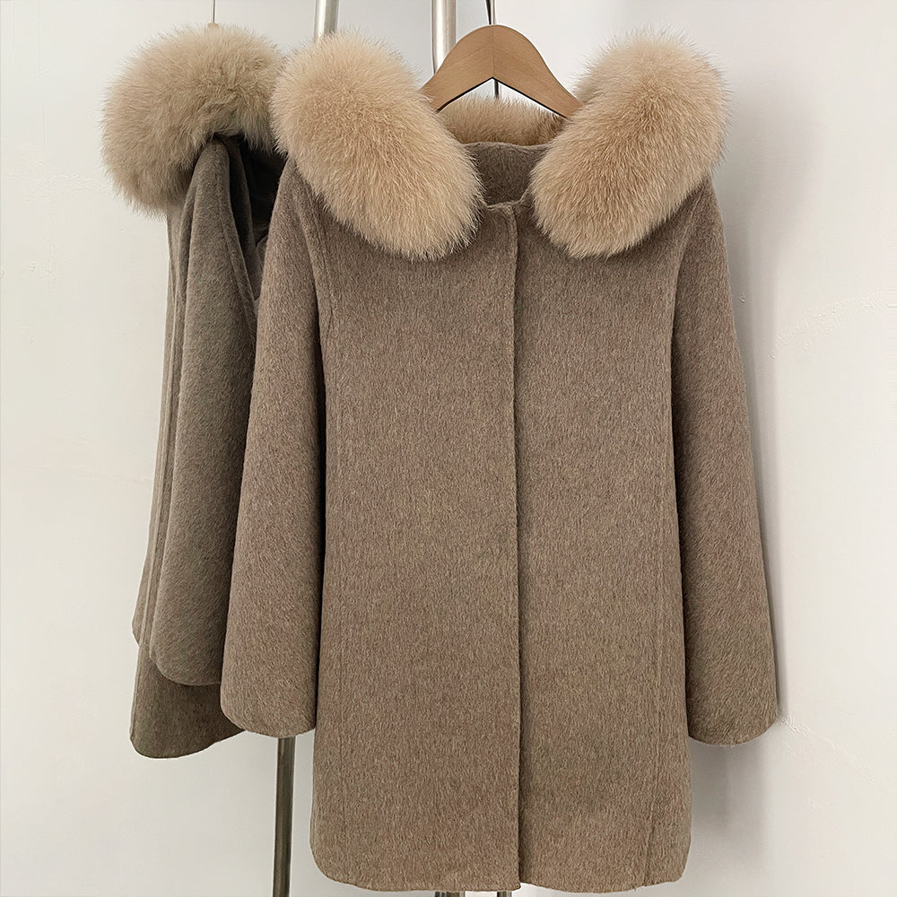 OFTBUY New Women's Wool Coat with Large Real Fox Fur Hooded Trim Long Sleeve Warm Winter Elegant Fashion Outerwear Woolen Cape
