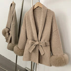 OFTBUY Belted Warm Winter Elegant Fashion Outerwear Wool Jacket Lady New Women's Double-Faced Wool Coat with Real Fox Fur Cuffs