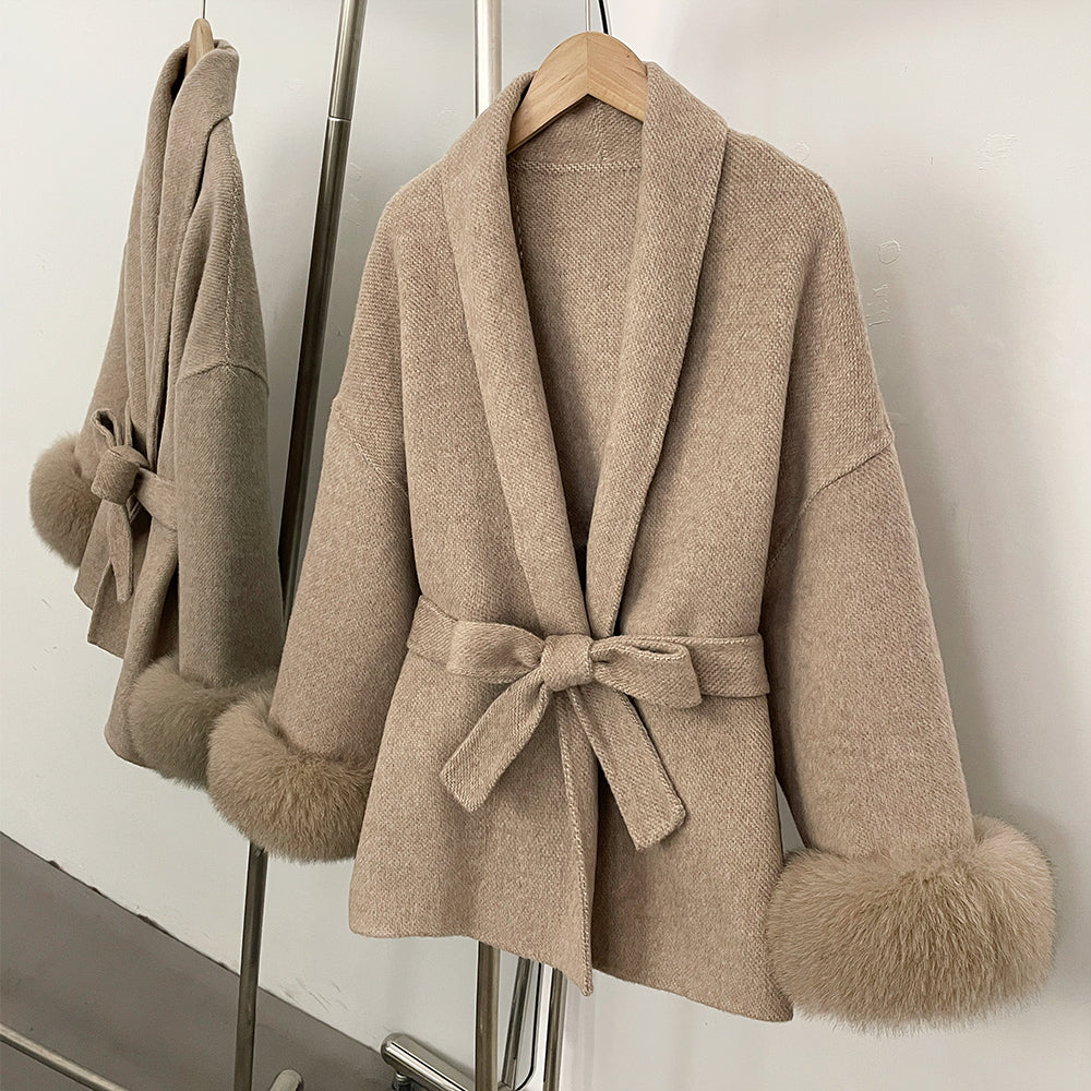 OFTBUY Belted Warm Winter Elegant Fashion Outerwear Wool Jacket Lady New Women's Double-Faced Wool Coat with Real Fox Fur Cuffs
