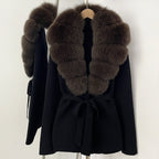 OFTBUY New Autumn Winter Luxury Fashion Outerwear Lady Women's Knit Coat with Large Real Fox Fur Collar Belt Textured Knit Warm
