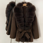 OFTBUY New Autumn Winter Clothes Women Big Natural Fox Fur Pinnacle 100% Wool Coat Female Belt Real Fur Collar Woolen Jacket