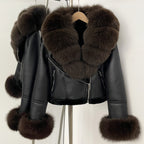 OFTBUY New Winter Real Fox Fur Collar and Cuffs Clothes Women Short Faux Leather Fake Fur Inner Jacket Female Thick Warm Coat