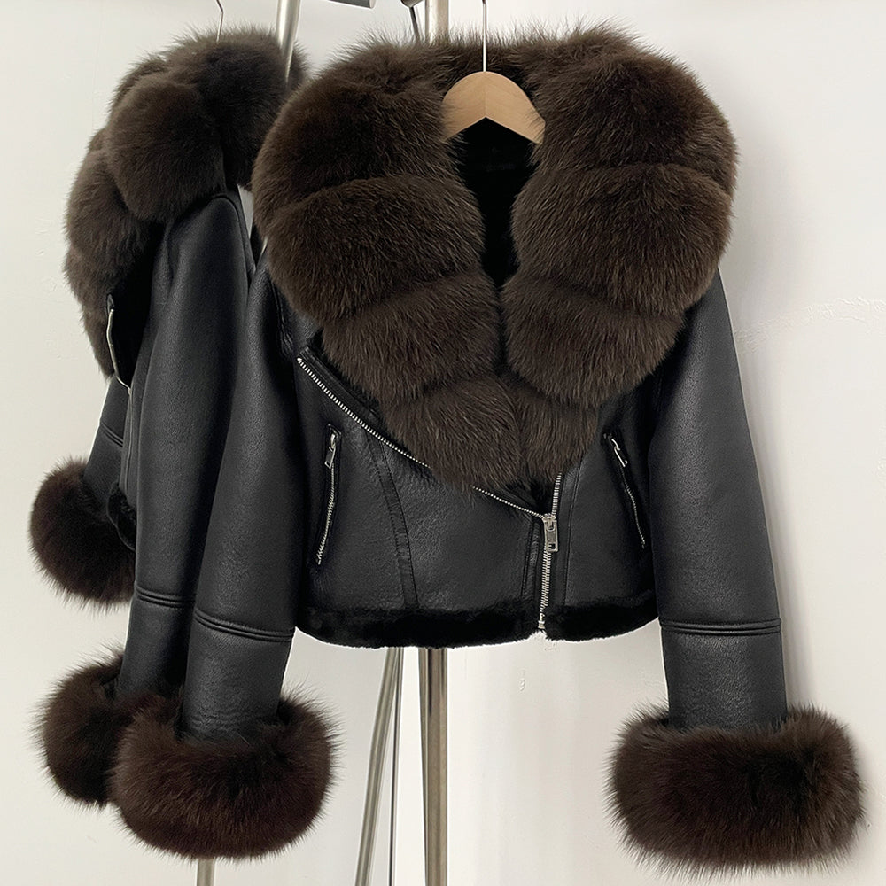 OFTBUY New Winter Real Fox Fur Collar and Cuffs Clothes Women Short Faux Leather Fake Fur Inner Jacket Female Thick Warm Coat