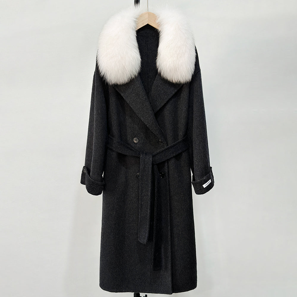 OFTBUY Winter Clothes Women Large Natural Fox Fur Jacket Long Wool Blends Cashmere Coat Belt Female Warm Woolen Streetwear