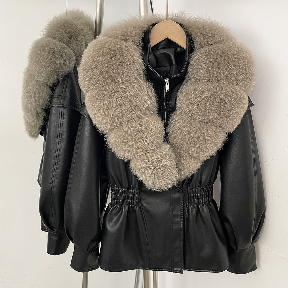 OFTBUY Women's Luxury Real Fox/Raccoon Fur Faux Leather Jacket Elastic Waist New Winter Coat Elegant PU Leather Outerwear Female