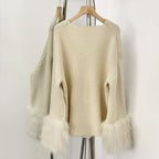 OFTBUY New Women's Knit Sweater with Real Fox Fur Accents V-Neck Loose Fit Warm Winter Fashion Warm Pullover Outerwear Jacket