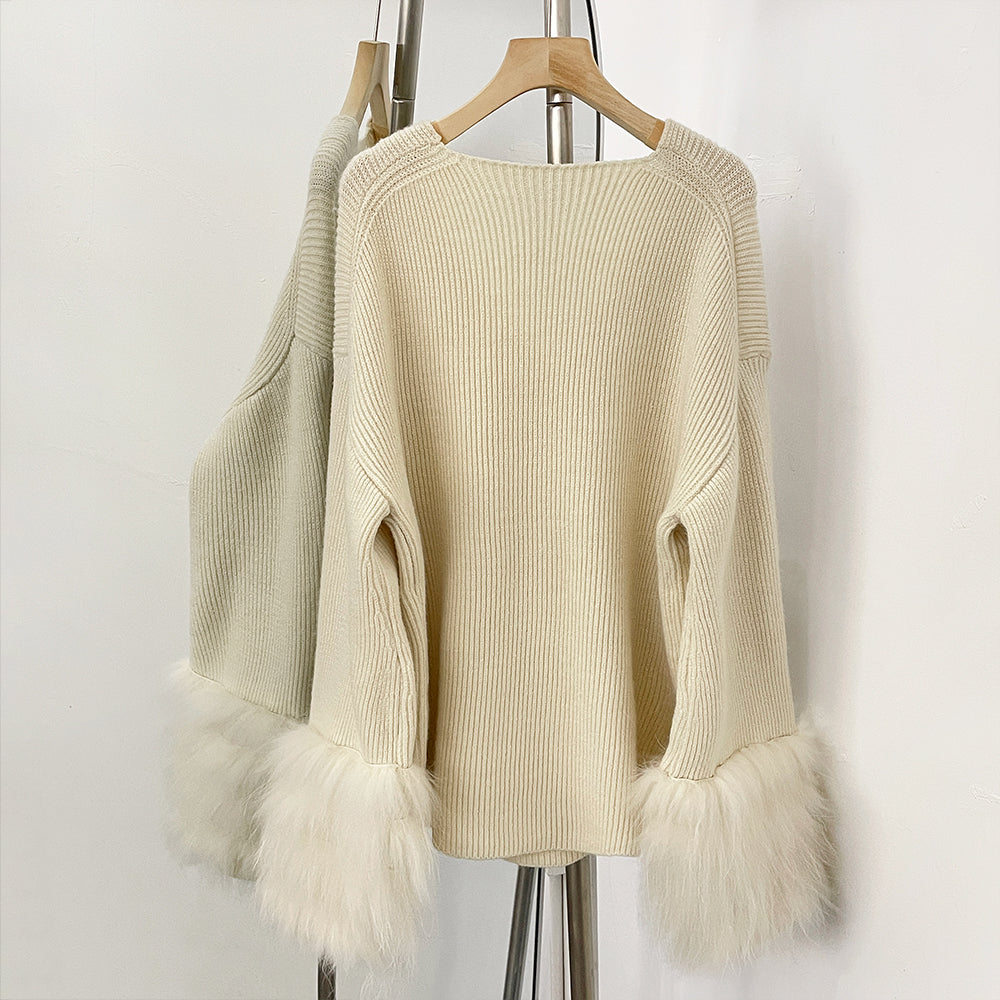 OFTBUY New Women's Knit Sweater with Real Fox Fur Accents V-Neck Loose Fit Warm Winter Fashion Warm Pullover Outerwear Jacket