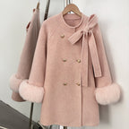 OFTBUY Bow Wool Jacket Mid-length Round Neck 100% Wool Coat Female New Autumn Winter Double-breasted Real Fox Fur Woolen Clothes