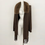 OFTBUY New Women's 100% Wool Knit Cape Coat with Real Fox Fur Collar Tassel Trim Warm Winter Elegant Outerwear Sweater Female