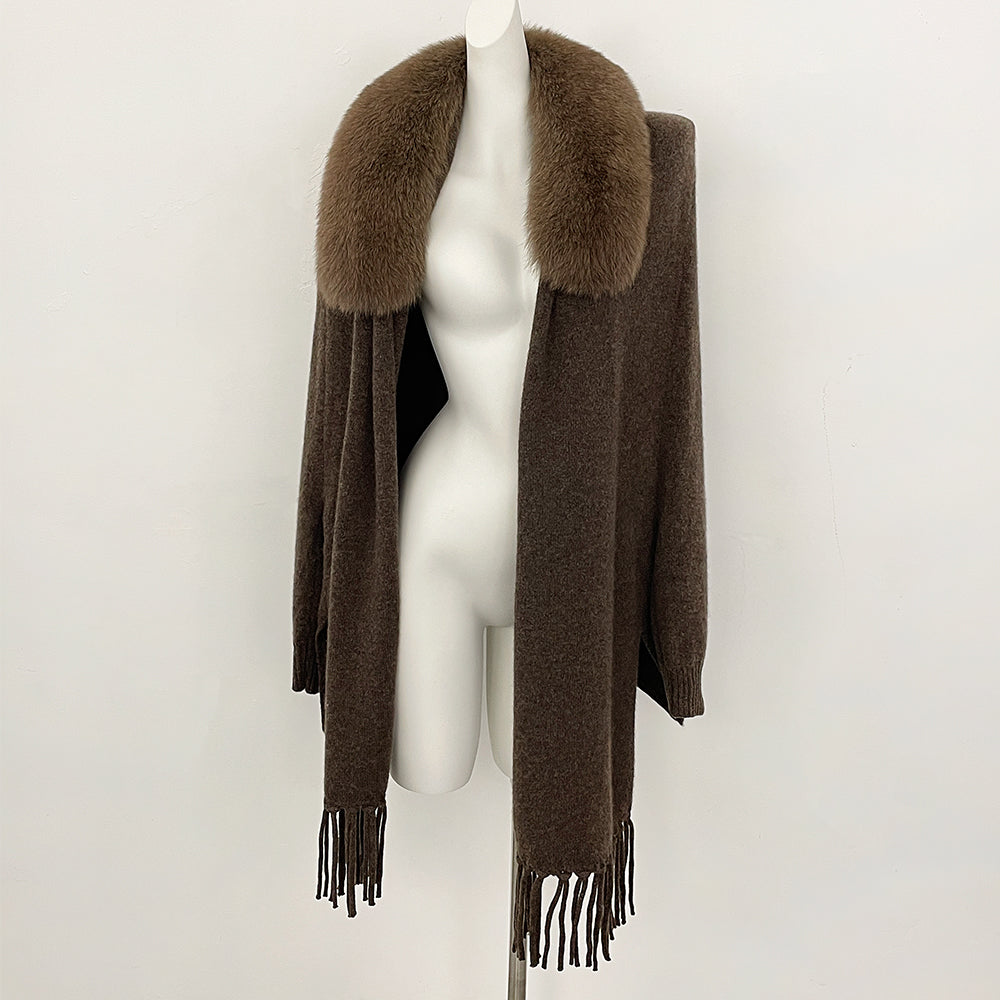 OFTBUY New Women's 100% Wool Knit Cape Coat with Real Fox Fur Collar Tassel Trim Warm Winter Elegant Outerwear Sweater Female
