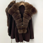 OFTBUY Fashion Belt Warm Sweater Female Natural Fur Loose Cadigan Coat Women Medium Length Knit Jacket with Real Fox Fur Collar