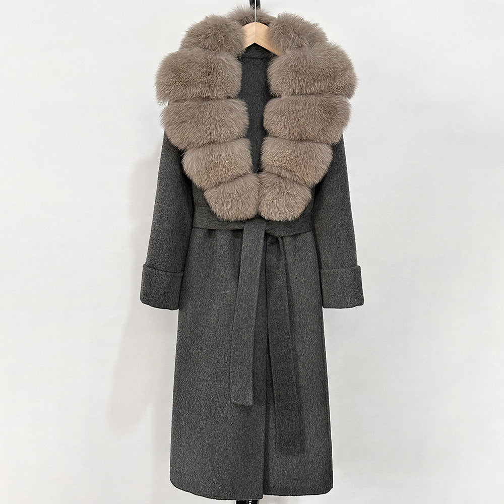 OFTBUY Long Belt 100% Wool Coat with Real Fox Fur Collar Warm Natural Fur Woolen Jacket Female New Autumn Winter Clothing Women