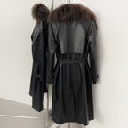 OFTBUY New Women's Long Faux Leather Trench Coat with Real Mongolian Sheep Fur Collar Belted Waist Luxury Jacket Warm Outerwear