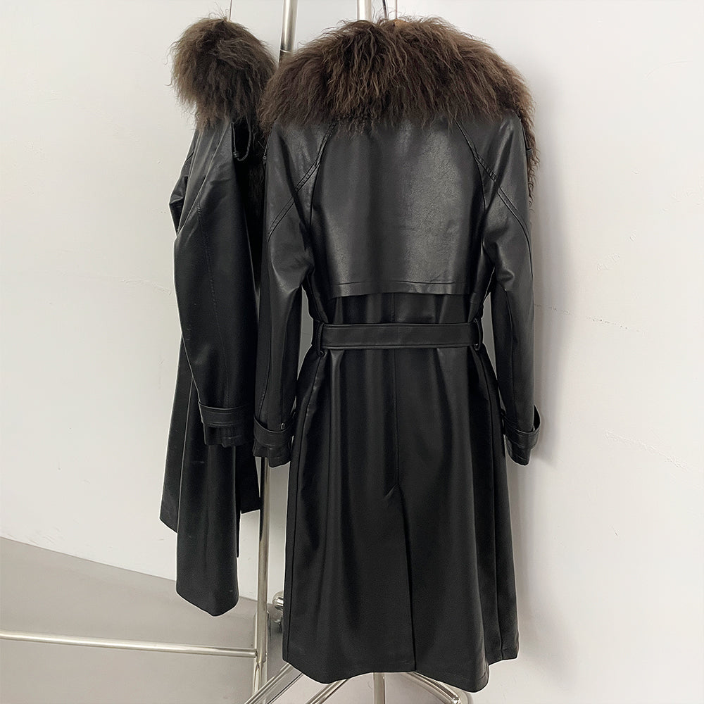 OFTBUY New Women's Long Faux Leather Trench Coat with Real Mongolian Sheep Fur Collar Belted Waist Luxury Jacket Warm Outerwear