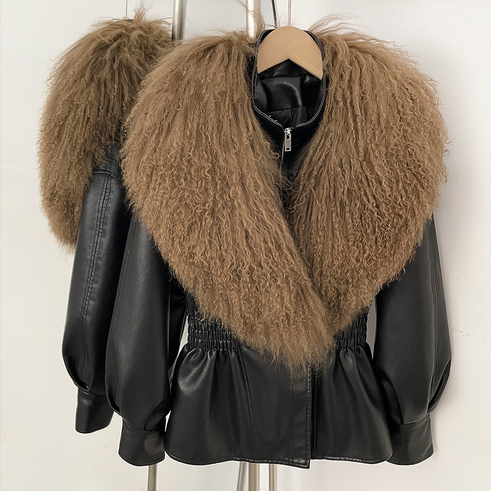 OFTBUY New Spring Autumn Faux Leather Jacket Female Real Mongolia Sheep Fur Pu Leather Coat Women Luxury Fashion Streetwear