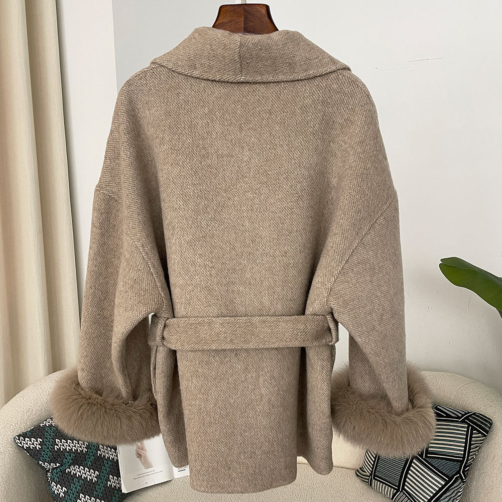 OFTBUY High End Double-sided Wool Strapping Real Wool Fur Coat Women's Removable Cuffs Fox Fur Temperament Cashmere Short Jacket