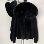 Midnight black luxury viscose blend sweater featuring a massive black real fox fur collar