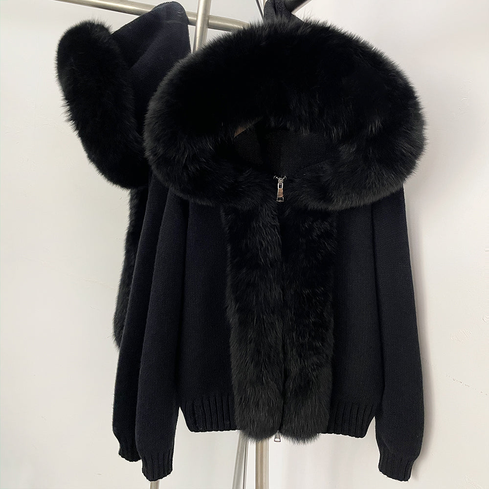 Midnight black luxury viscose blend sweater featuring a massive black real fox fur collar