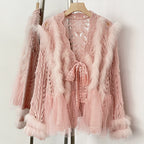 OFTBUY Sexy Hollow Loose V-neck Knitted Jacket Real Fox Fur Cardigan Sweater Female New Spring Autumn Lace Top Clothes Women