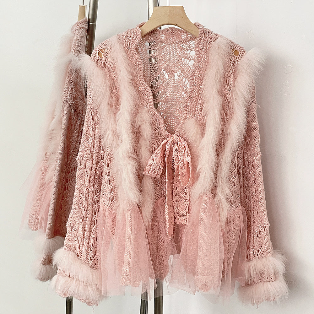 OFTBUY Sexy Hollow Loose V-neck Knitted Jacket Real Fox Fur Cardigan Sweater Female New Spring Autumn Lace Top Clothes Women