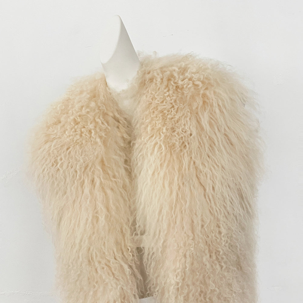 OFTBUY Solid Deep V-Neck Backless Bandage Sleeveless Jackets Fluffy Luxury Real Mongolian Fur Halter Vests Women Outerwear Coat