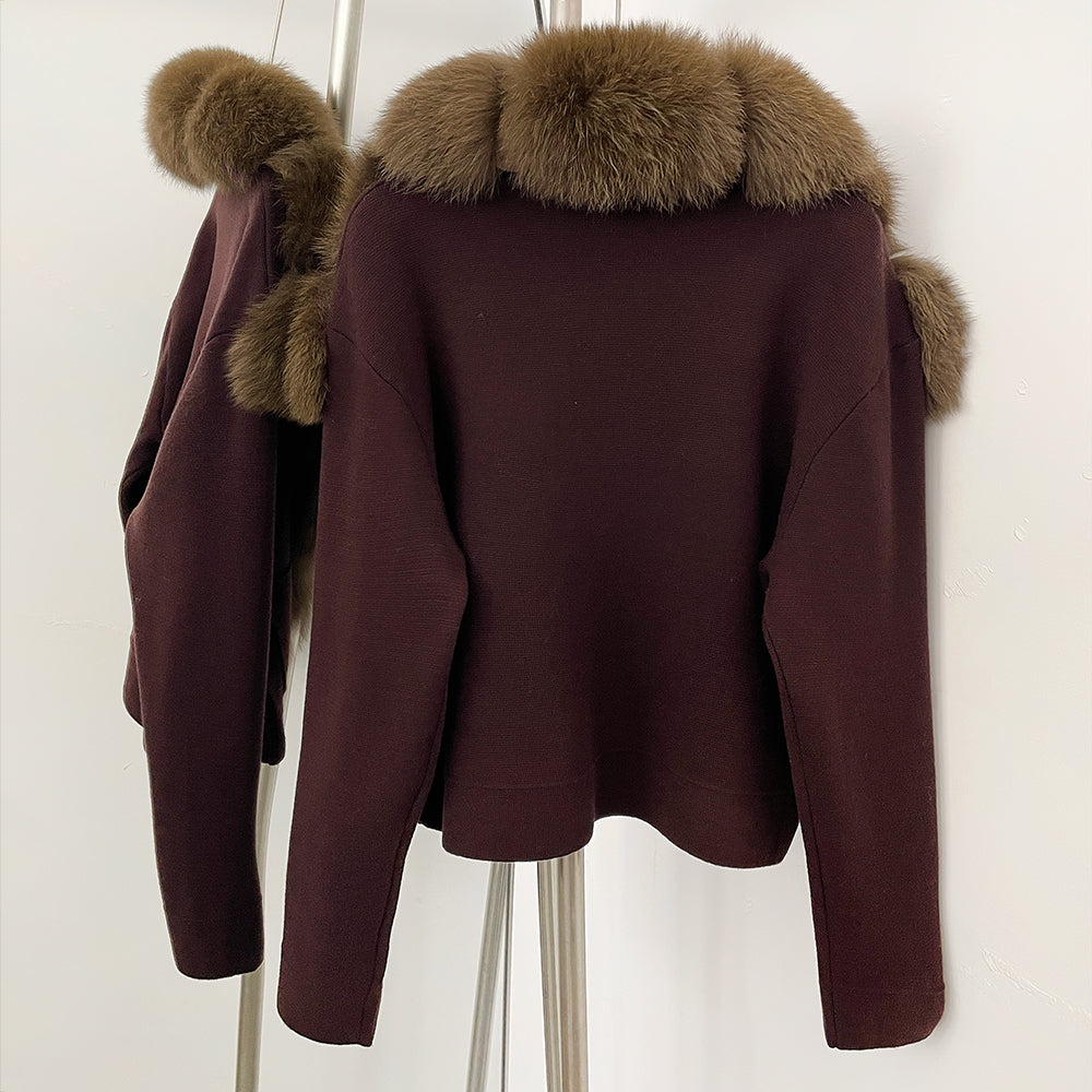 OFTBUY Women's Short Cardigan with Big Real Fox Fur Collar New Autumn Winter Knit Clothing Female Natural Fur Warm Sweater Lady