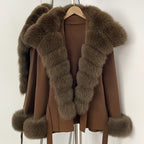 OFTBUY cardigan women Sweater Female New Women's Knit Coat with Real Fox Fur collar Belt Luxury Warm Winter Fashion Outerwear