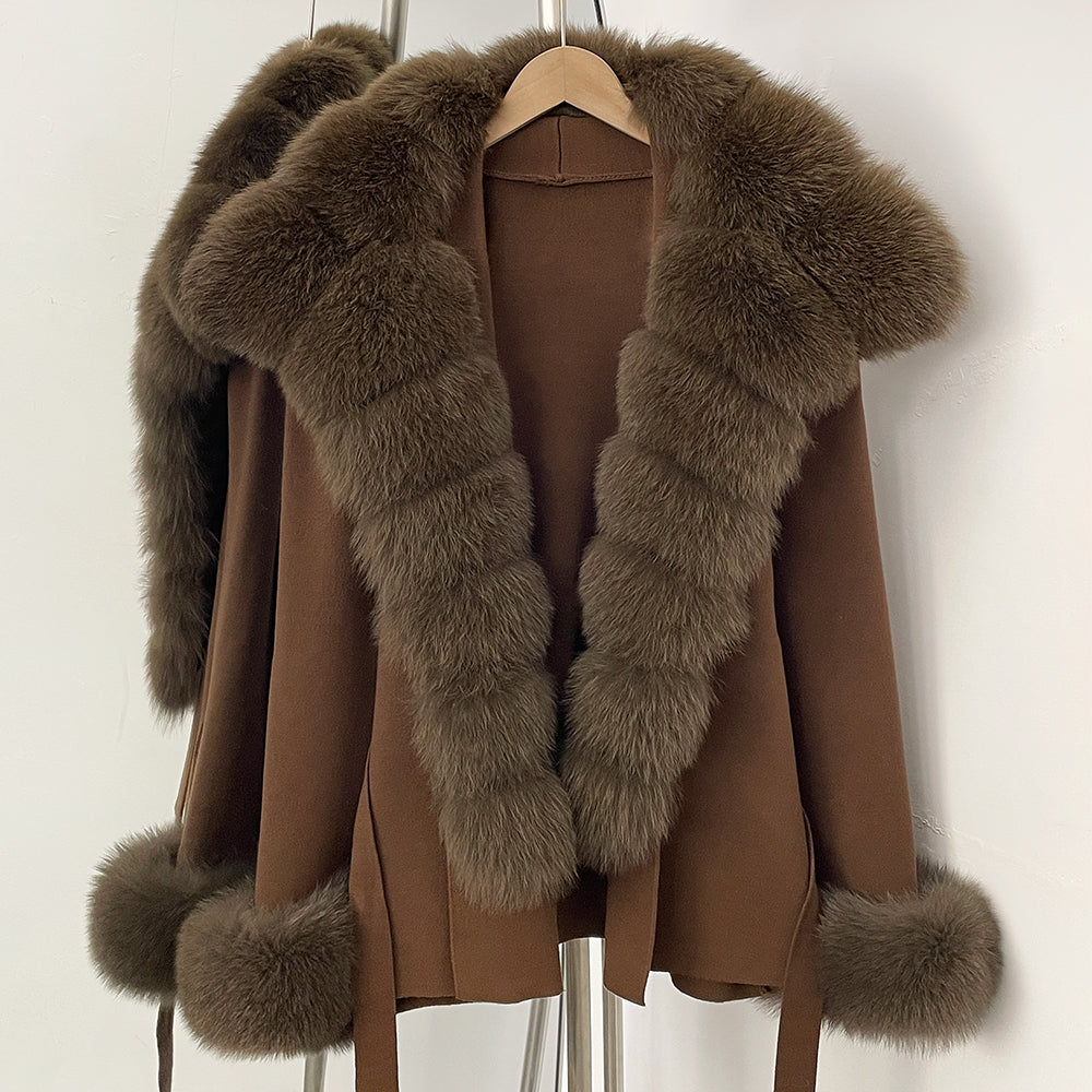 OFTBUY cardigan women Sweater Female New Women's Knit Coat with Real Fox Fur collar Belt Luxury Warm Winter Fashion Outerwear