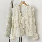 OFTBUY Sexy Hollow Loose V-neck Knitted Jacket Real Fox Fur Cardigan Sweater Female New Spring Autumn Lace Top Clothes Women