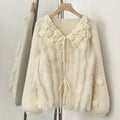 OFTBUY New Spring Winter Real Fox Fur Cardigan Clothing Women 3D Flowers Kint Sweater Coat Female Loose V-neck Knitwear Jacket
