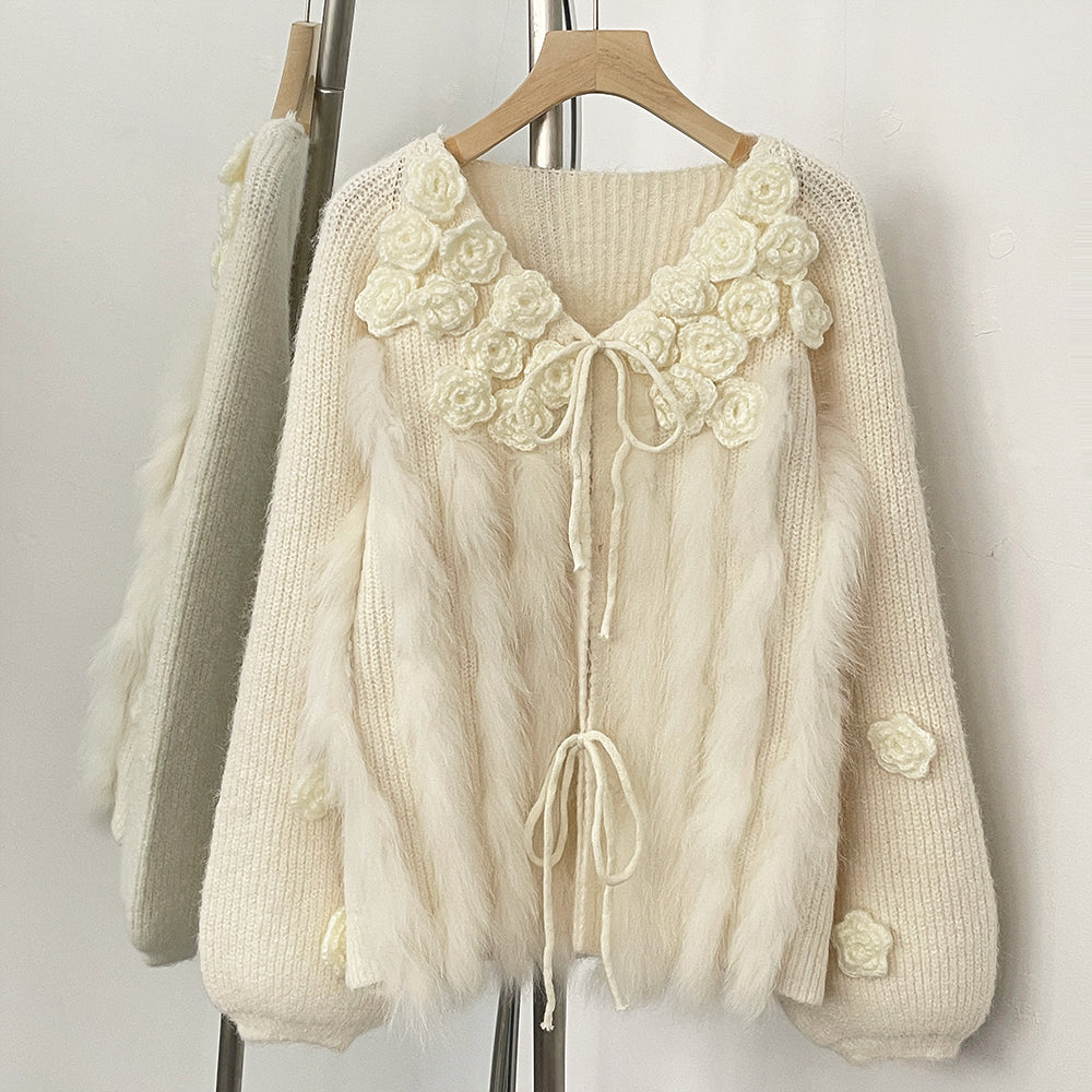 OFTBUY New Spring Winter Real Fox Fur Cardigan Clothing Women 3D Flowers Kint Sweater Coat Female Loose V-neck Knitwear Jacket