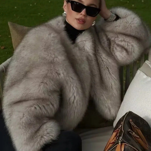 OFTBUY Cropped Faux Fox Fur Jacket