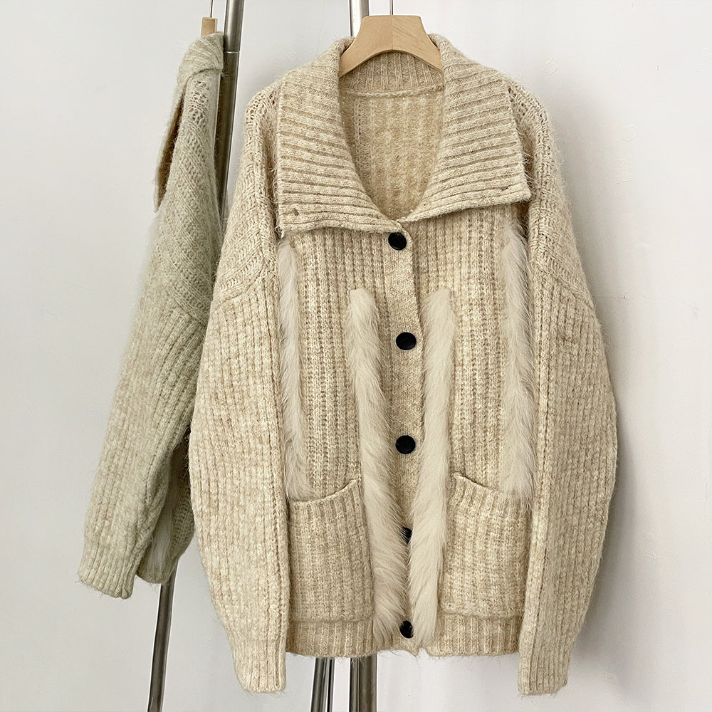 OFTBUY New Fashion Spring Autumn Loose Sweater Female Real Fox Fur Cardigan Clothing Women Button Oversized Knitted Jacket Lady