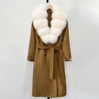 OFTBUY Winter Jacket Women Woolen Blends Coat Natural Real Fox Fur Collar Belt Loose Outerwear Casual Outerwear Streetwear