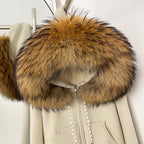 OFTBUY New Women's Beige Knit Hoodie with Large Real Fox Fur Trim Zipper Pockets Warm Winter Fashion Casual Outerwear Lady