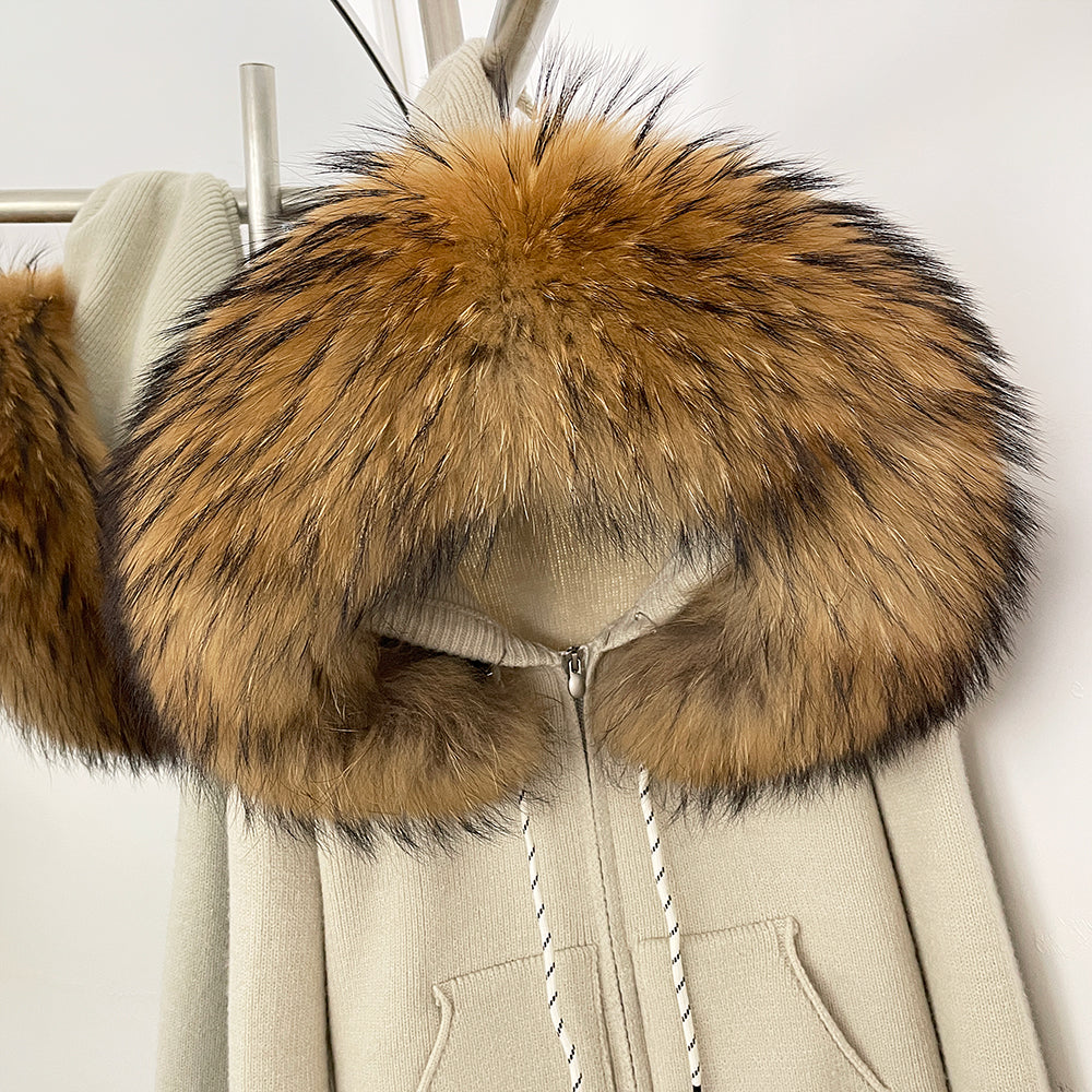 OFTBUY New Women's Beige Knit Hoodie with Large Real Fox Fur Trim Zipper Pockets Warm Winter Fashion Casual Outerwear Lady