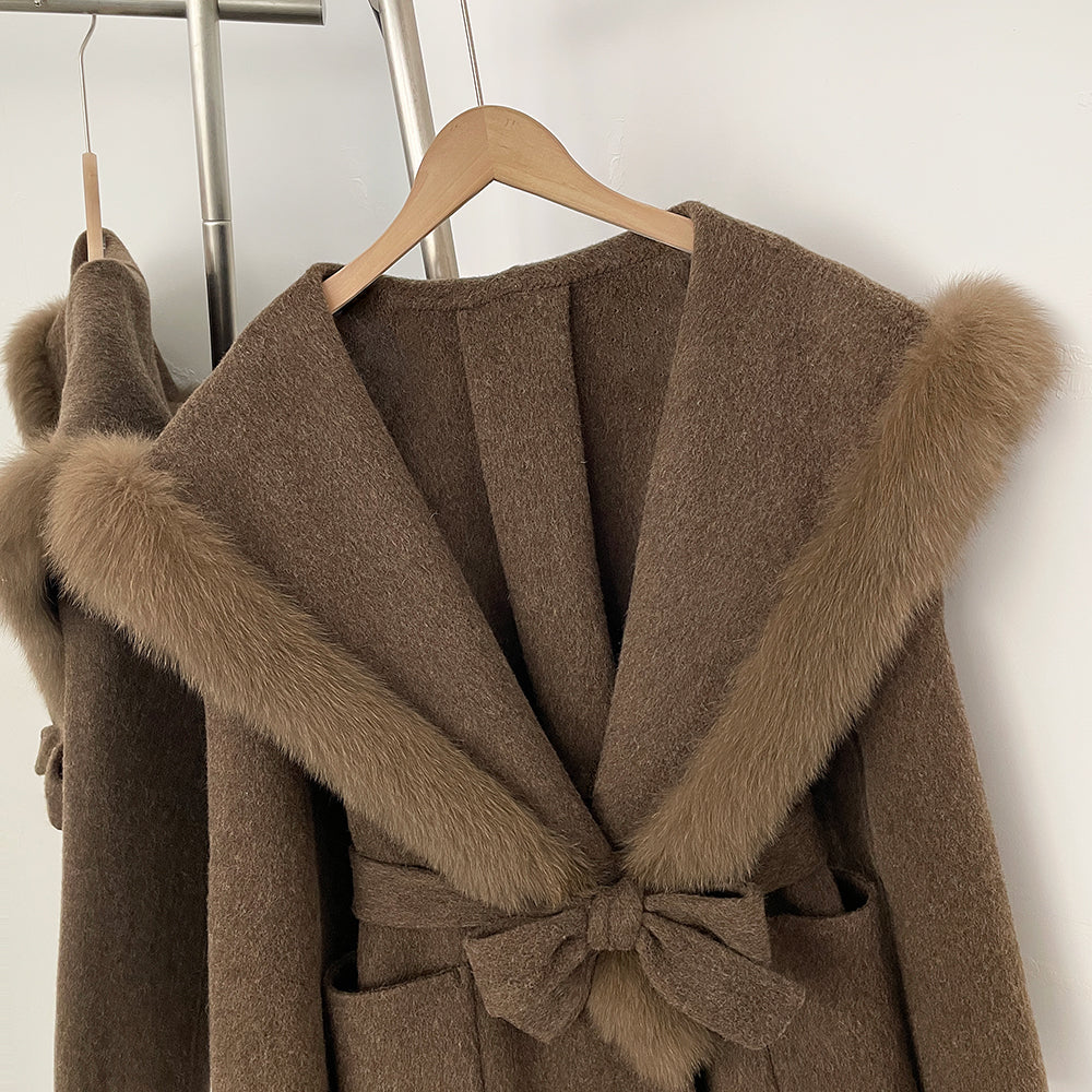 OFTBUY Belt Luxury Fur Navy Collar Warm Jacket Female 100% Wool Coat with Real Fox Fur New Autumn Winter Woolen Colthes Women