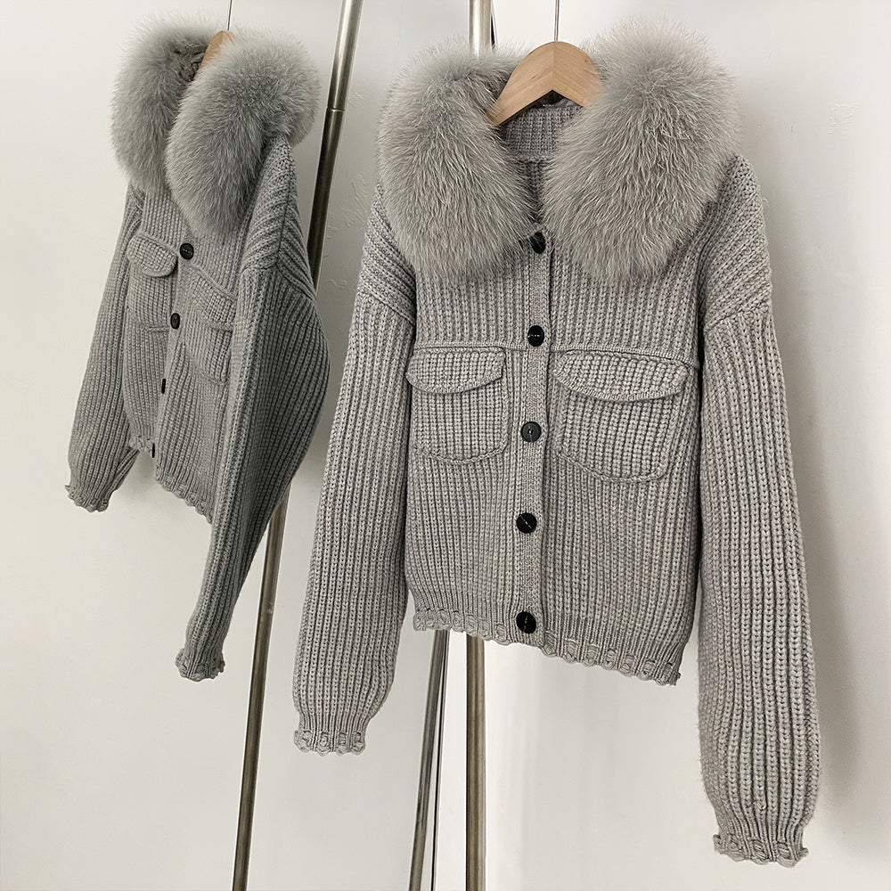 OFTBUY Short Natural Fox Fur Collar Knitted Sweater Coat FemaleReal Fur Clothing New Autumn Winter Knitting Cardigan Women