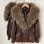 OFTBUY Women's Luxury Real Fox/Raccoon Fur Faux Leather Jacket Elastic Waist New Winter Coat Elegant PU Leather Outerwear Female
