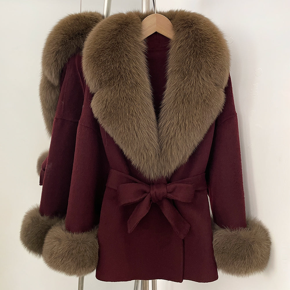 OFTBUY New Women's Double-Faced Wool Coat with Large Real Fox Fur Collar Cuffs Belted Warm Winter Elegant Fashion Outerwear Lady