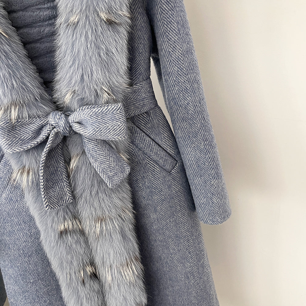 OFTBUY 100% Wool Coat with Real Fox Fur Trim & Rabbit Fur Lining