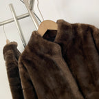 OFTBUY Luxury Stand Collar Faux Mink Fur Short Jacket - Minimal Open Front Vegan Fur Coat in Solid Black & Brown