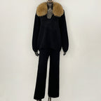 OFTBUY New Women's Knit Two Piece Set with Real Fox Fur Collar Loose Pants Warm Winter Elegant Casual Outfit Sweater Female