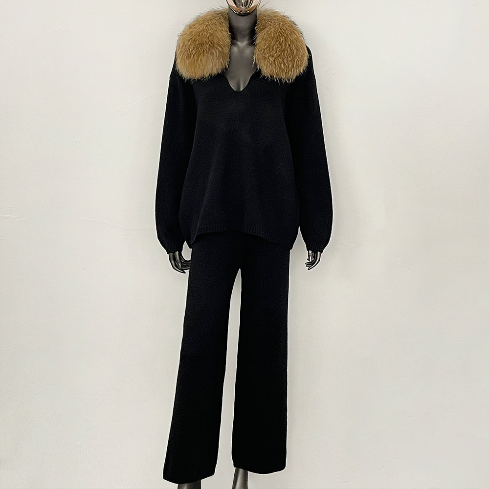 OFTBUY New Women's Knit Two Piece Set with Real Fox Fur Collar Loose Pants Warm Winter Elegant Casual Outfit Sweater Female