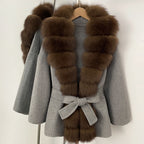 OFTBUY New Autumn Winter Clothes Women Big Natural Fox Fur Pinnacle 100% Wool Coat Female Belt Real Fur Collar Woolen Jacket