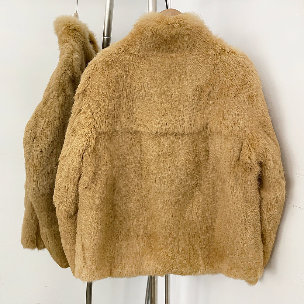 OFTBUY Women's Real Rabbit Fur Coat Luxury Camel Fur Jacket with Stand Collar New Warm Autumn Winter Clothes Female Outerwear