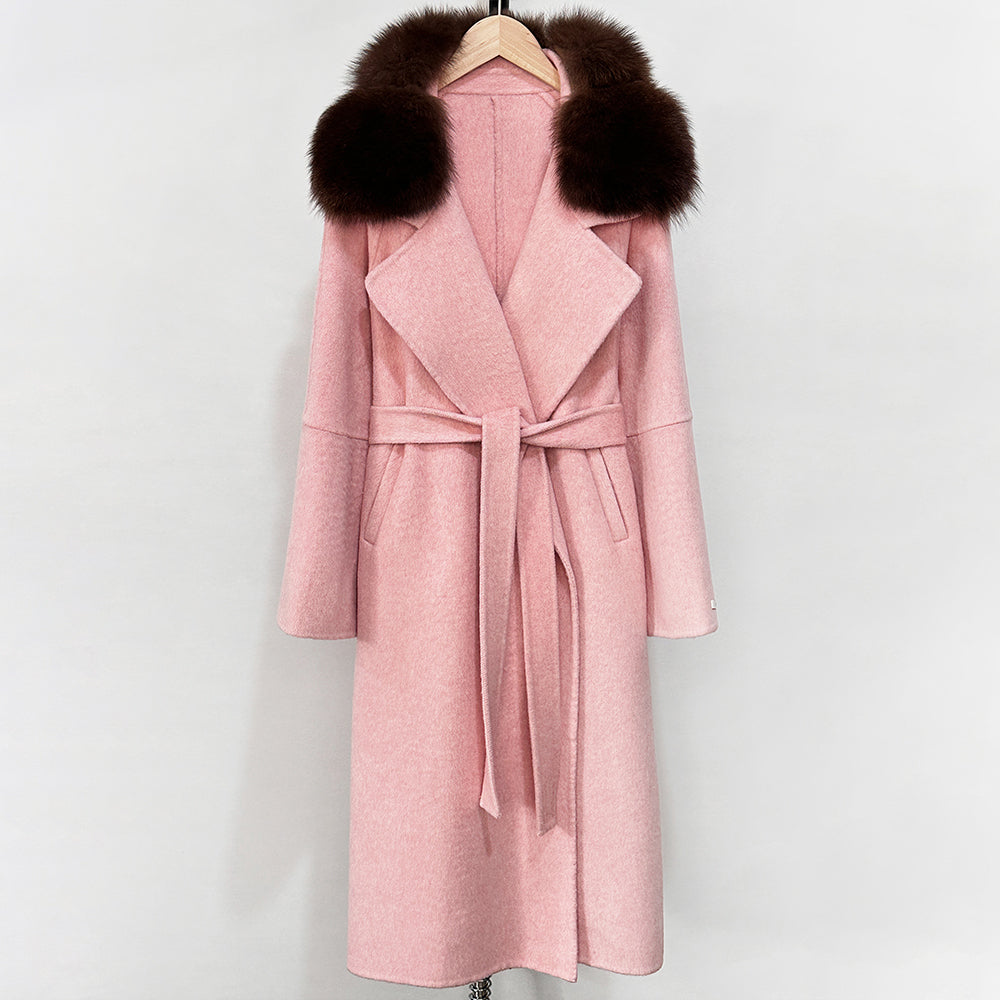 OFTBUY Belted Long Warm Winter Elegant Fashion Outerwear New Women's Double-Faced Wool Coat with Real Fox Fur Collar
